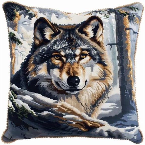 Latch Hook Pillow Kit -Wolf In The Snow Embroidery Art Craft Kit - All Ages - Unisex - 43X43Cm - Modern Style - Non-Foldable