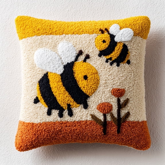 Latch Hook Pillow Kit Yellow Bee and Honey Bee Comd with Pre-Printed Pillow Cover DIY Pillowcase Crochet Yarn Hooking Craft Set for Hobby and Home Decor 43x43cm-1