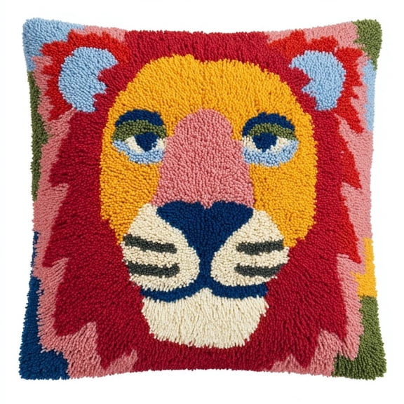 Latch Hook Pillow Kit,animal lion DIY Embroidery Cushion Making Kit Preprinted Canvas Yarn Hook for Adult Beginner Home Decor Gift,17x17in