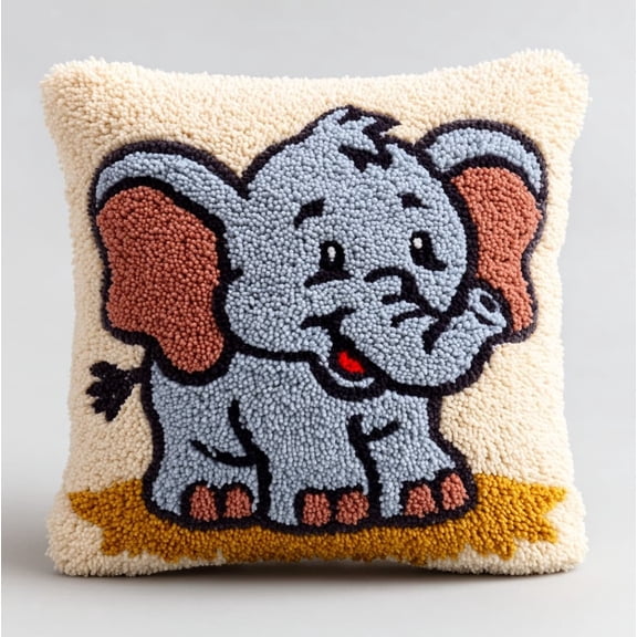 Latch Hook Pillow Kit for Beginners,A happy little elephant 17x17in DIY Throw Pillow Preprinted Canvas Embroidery Craft Kit Home Decor Gift