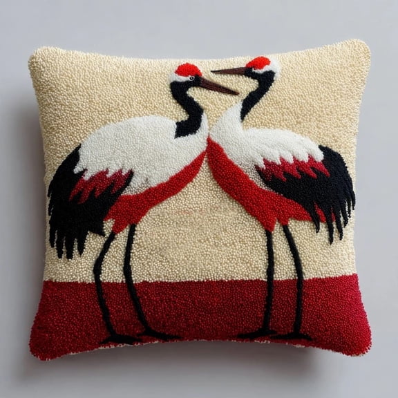 Latch Hook Pillow Kit for Beginners,Red-crowned crane 17x17in DIY Throw Pillow Preprinted Canvas Embroidery Craft Kit Home Decor Gift