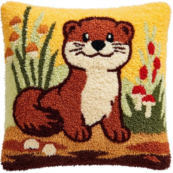 Latch Hook Pillow Kit for Beginners,animal weasel 17x17in DIY Throw Pillow Preprinted Canvas Embroidery Craft Kit Home Decor Gift