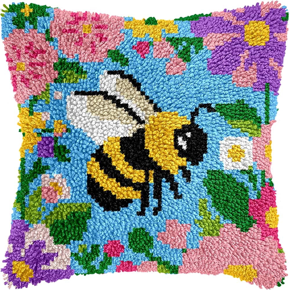 Latch Hook Pillow Kits For Adults Beginners Bees In The Flowers 17X17 In Diy Pre-Printed Latch Hook Rug Carpet Cushion Kits Cross-Stitch Embroidery Cushion Embroidered Pillow For Home Sofa