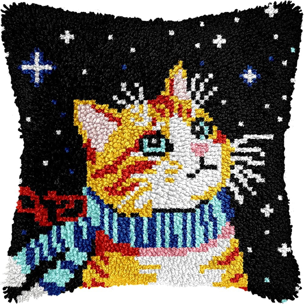 Latch Hook Pillow Kits For Adults Beginners Cat 17X17 In Diy Pre-Printed Latch Hook Rug Carpet Cushion Kits Cross-Stitch Embroidery Cushion Embroidered Pillow For Home Sofa