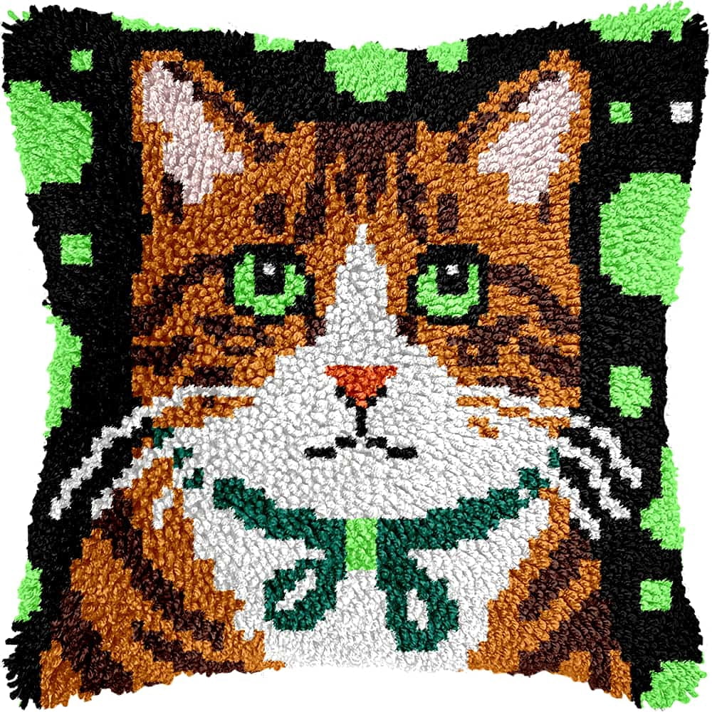 Latch Hook Pillow Kits For Adults Beginners Cat 17X17 In Diy Pre-Printed Latch Hook Rug Carpet Cushion Kits Cross-Stitch Embroidery Cushion Embroidered Pillow For Home Sofa