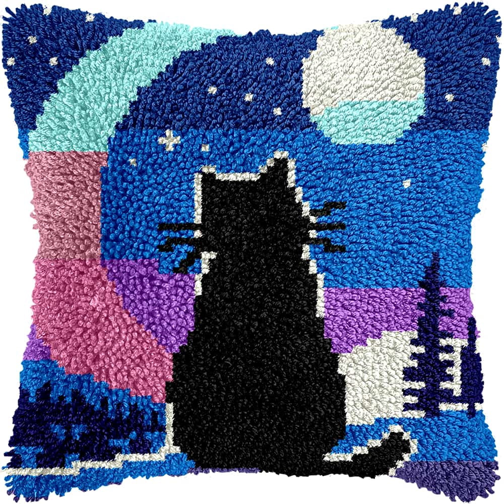 Latch Hook Pillow Kits For Adults Beginners Cat 17X17 In Diy Pre-Printed Latch Hook Rug Carpet Cushion Kits Cross-Stitch Embroidery Cushion Embroidered Pillow For Home Sofa
