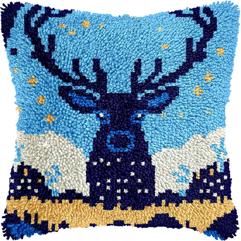 Latch Hook Pillow Kits For Adults Beginners Elk 17X17 In Diy Pre-Printed Latch Hook Rug Carpet Cushion Kits Cross-Stitch Embroidery Cushion Embroidered Pillow For Home Sofa