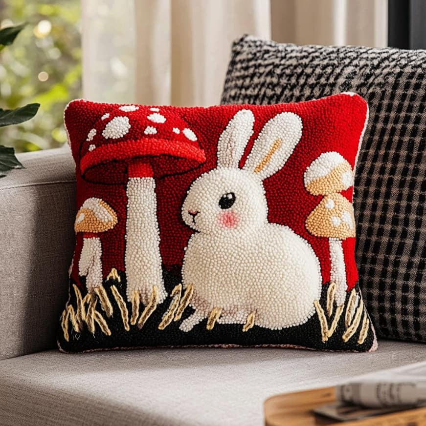 Latch Hook Pillow Kits For Adults Beginners Little White Rabbit 17X17 In Diy Pre-Printed Latch Hook Rug Carpet Cushion Kits Cross-Stitch Embroidery Cushion Embroidered Pillow For Home Sofa