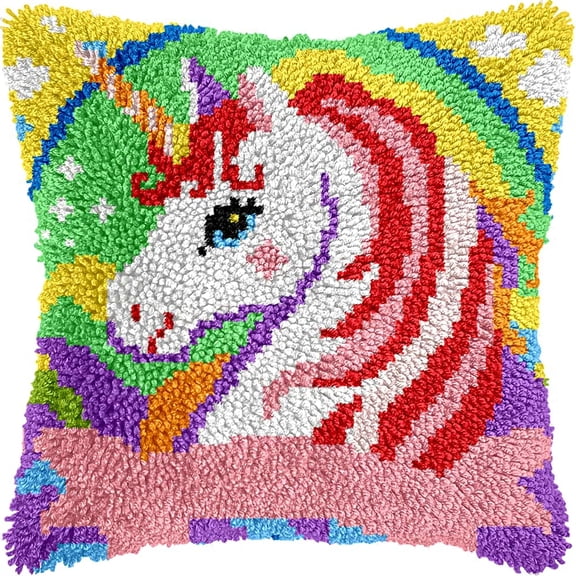 Latch Hook Pillow Kits For Adults Beginners Rainbow Horse 17X17 In Diy Pre-Printed Latch Hook Rug Carpet Cushion Kits Cross-Stitch Embroidery Cushion Embroidered Pillow For Home Sofa