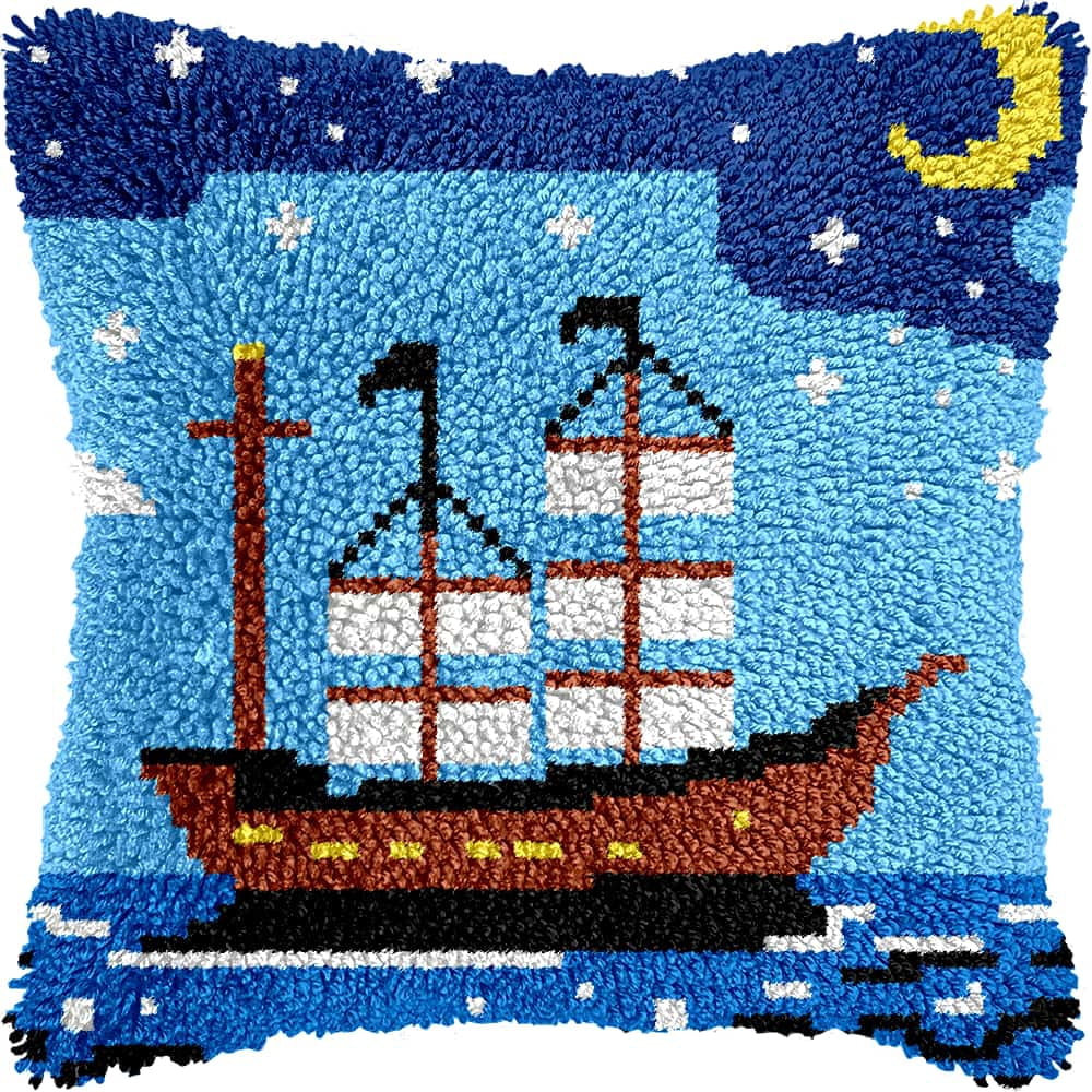 Latch Hook Pillow Kits For Adults Beginners Sailboat 17X17 In Diy Pre-Printed Latch Hook Rug Carpet Cushion Kits Cross-Stitch Embroidery Cushion Embroidered Pillow For Home Sofa