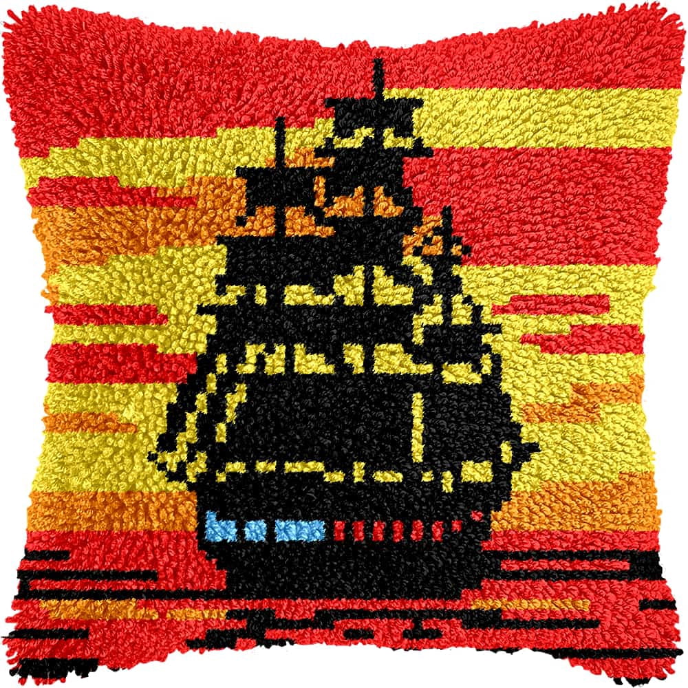 Latch Hook Pillow Kits For Adults Beginners Sailboat 17X17 In Diy Pre-Printed Latch Hook Rug Carpet Cushion Kits Cross-Stitch Embroidery Cushion Embroidered Pillow For Home Sofa
