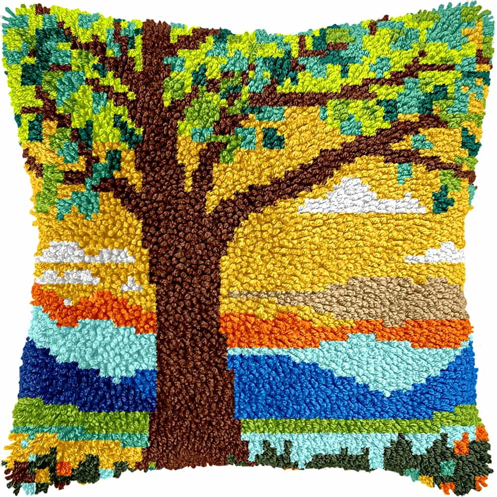 Latch Hook Pillow Kits For Adults Beginners Tree 17X17 In Diy Pre-Printed Latch Hook Rug Carpet Cushion Kits Cross-Stitch Embroidery Cushion Embroidered Pillow For Home Sofa