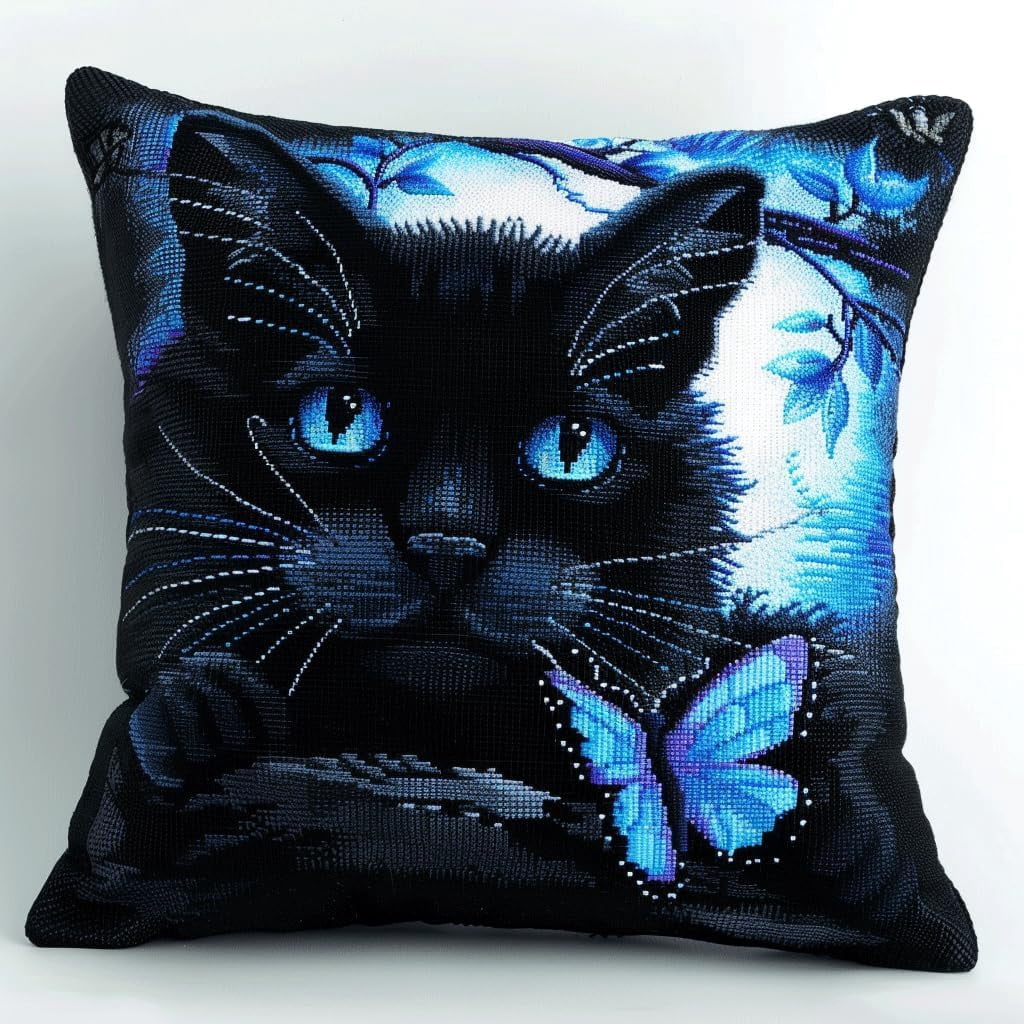 Latch Hook Pillow Kits For Adults Kids Beginners Black Cat And Butterfly 17X17 In Diy Pre-Printed Latch Hook Rug Carpet Cushion Kits Cross-Stitch Embroidery Cushion Embroidered Pillow For Ho