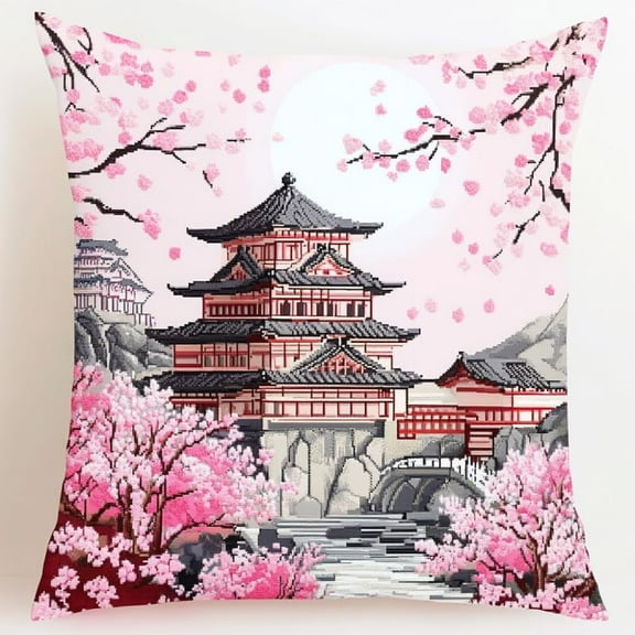 Latch Hook Pillow Kits For Adults Kids Beginners Japanese Landscape 17X17 In Diy Pre-Printed Latch Hook Rug Carpet Cushion Kits Cross-Stitch Embroidery Cushion Embroidered Pillow For Home So