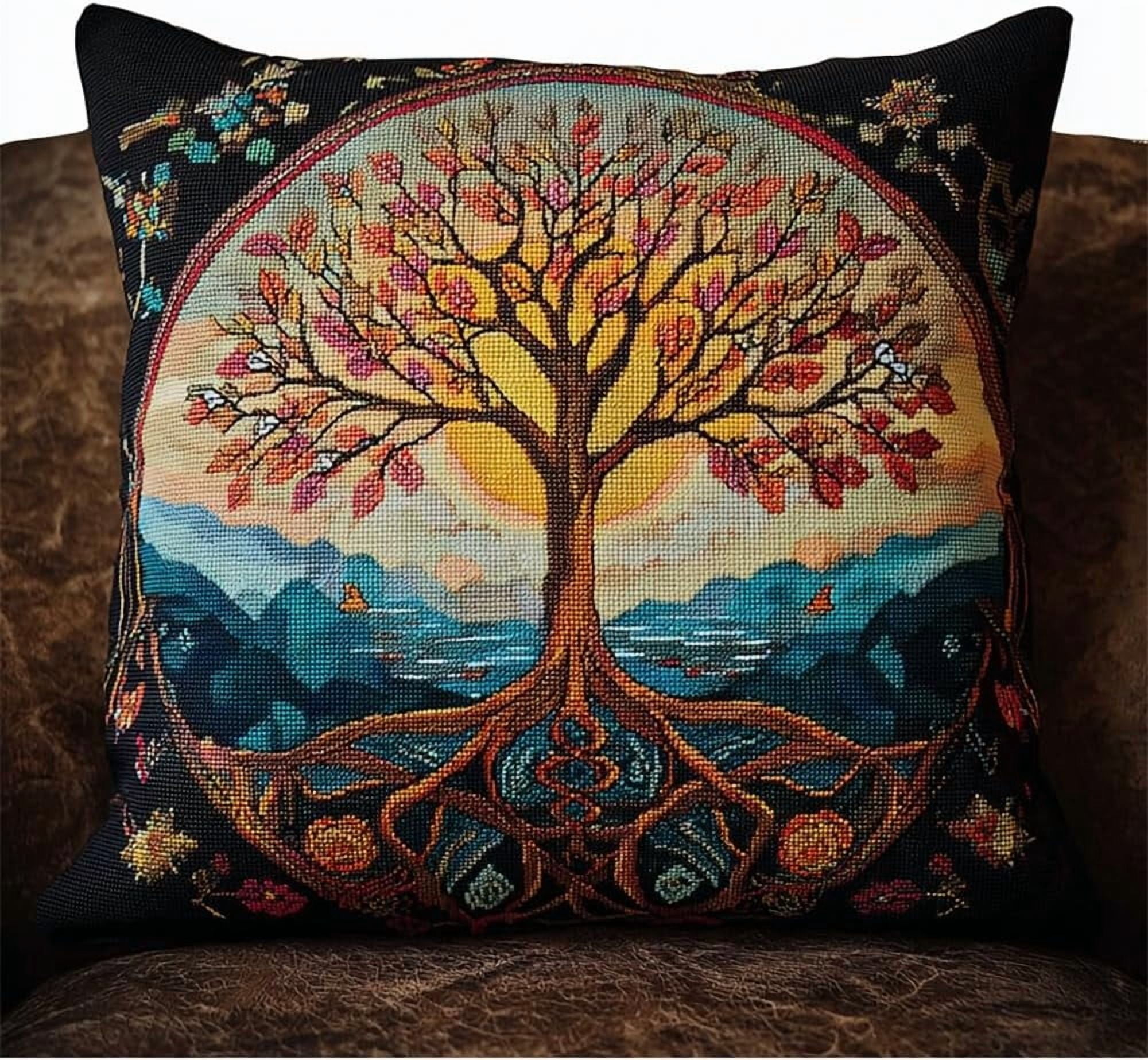 Latch Hook Pillow Kits For Adults Kids Beginners Tree 17X17 In Diy Pre-Printed Latch Hook Rug Carpet Cushion Kits Cross-Stitch Embroidery Cushion Embroidered Pillow For Home Sofa Decoration