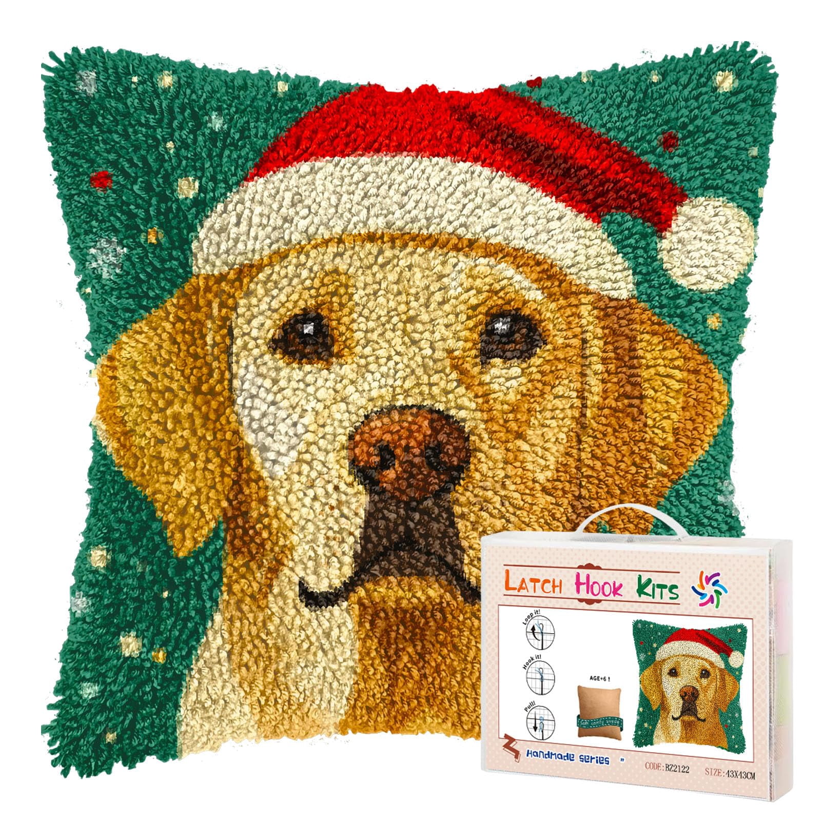 Latch Hook Pillow Kits for Adults Merry Christmas Labrador Dog DIY Pillow Cover Printed Pillowcase Crochet Yarns Hooking Handmade Cushion for Home Sofa Decoration 17x17inch(12)