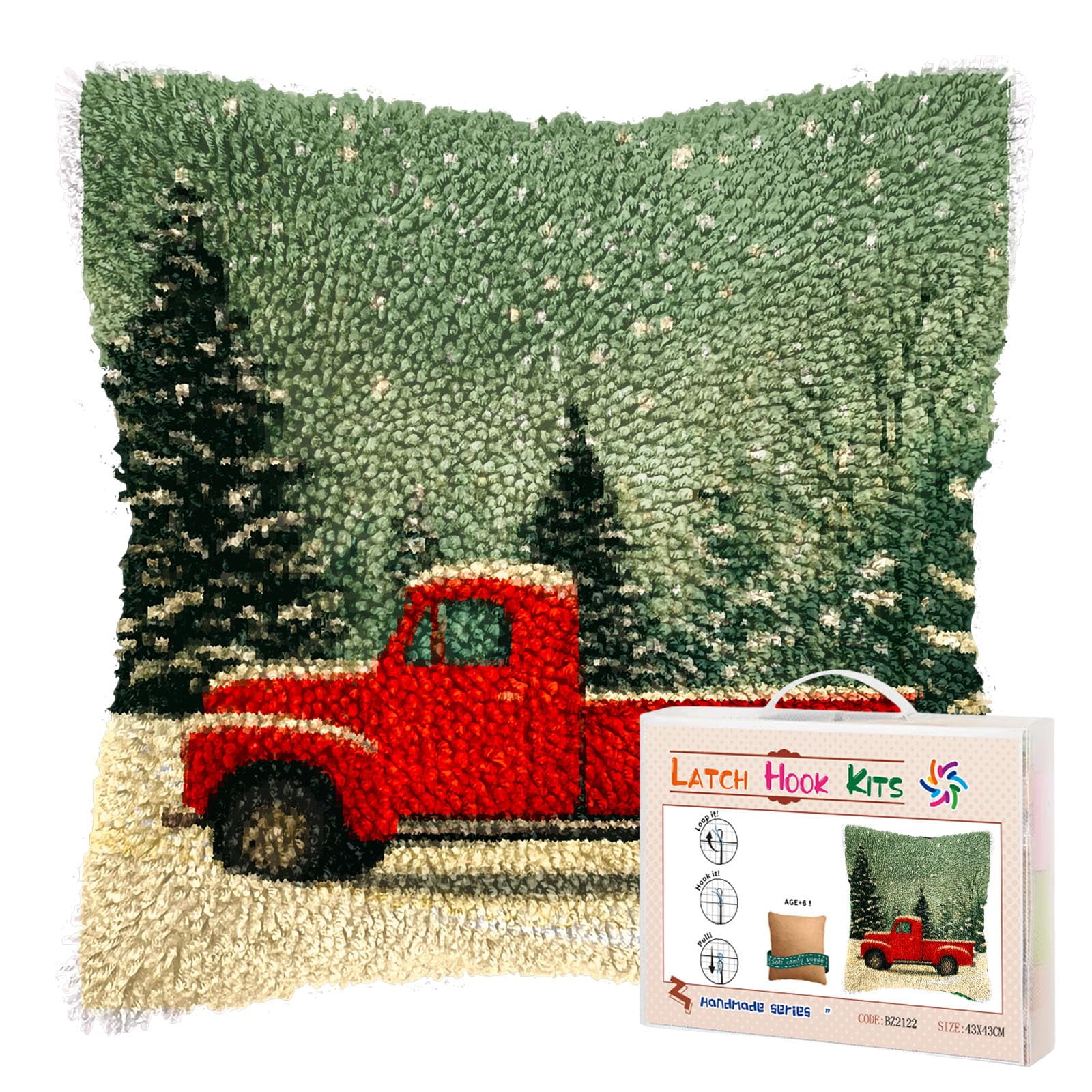 Latch Hook Pillow Kits for Adults Merry Christmas Red Truck DIY Pillow Cover Printed Pillowcase Crochet Yarns Hooking Handmade Cushion for Home Sofa Decor 17x17inch(3)