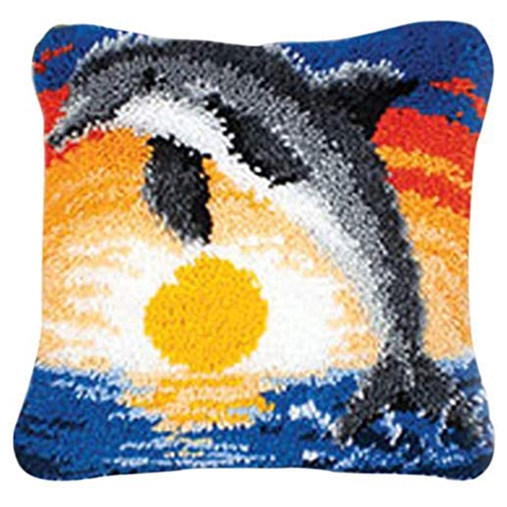 DIY Latch Hook Pillow Kit - Jumping Dolphin Sunrise Design, 43x43cm Needlepoint Craft For Beginners & Adults