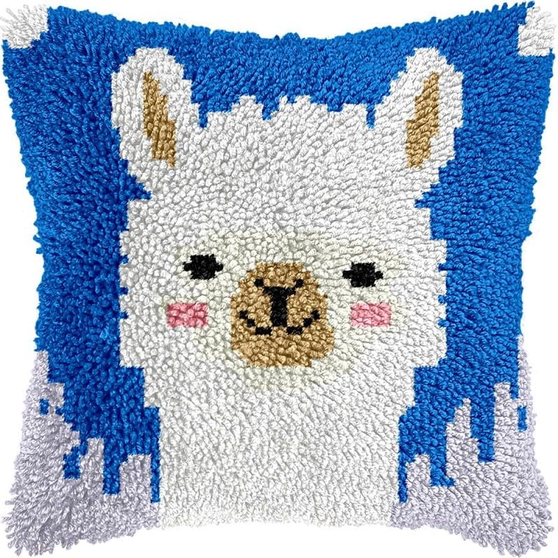 Latch Hook Pillow Kits Alpaca DIY Pillowcase Crochet Hook Cushion Making Kits with Preprinted Pattern Canvas Instruction Yarns Pillow Cover Easy Starter Kits 43x43cm（J392)