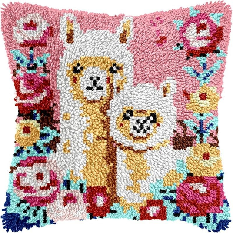 Latch Hook Pillow Kits Alpaca and Flowers DIY Pillowcase Crochet Hook Cushion Making Kits with Preprinted Pattern Canvas Instruction Yarns Pillow Cover Easy Starter Kits 43x43cm（J270)