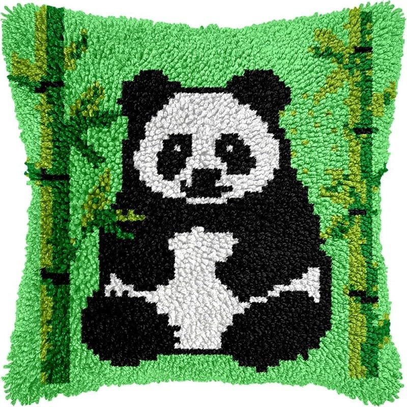 Latch Hook Pillow Kits Bamboo Panda DIY Pillowcase Crochet Hook Cushion Making Kits with Preprinted Pattern Canvas Instruction Yarns Pillow Cover Easy Starter Kits 43x43cm（J123)