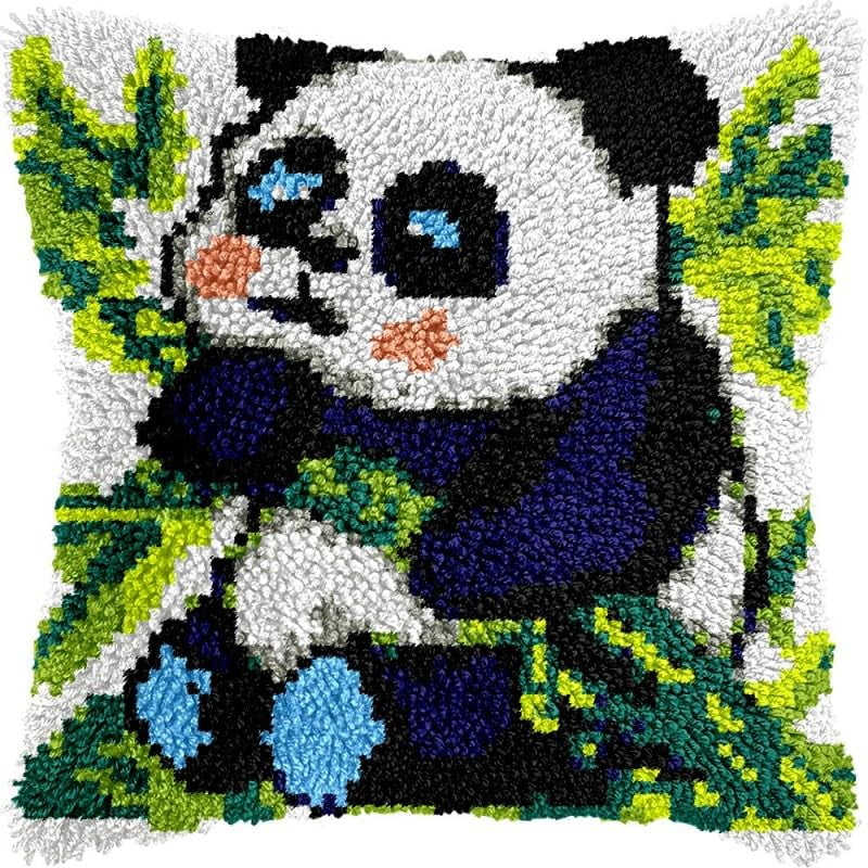 Latch Hook Pillow Kits Bamboo Panda DIY Pillowcase Crochet Hook Cushion Making Kits with Preprinted Pattern Canvas Instruction Yarns Pillow Cover Easy Starter Kits 43x43cm（J70)