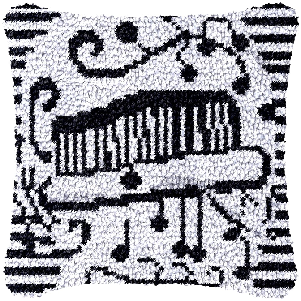 Latch Hook Pillow Kits for Beginner Black and White Piano Music Notation Needle Crochet Yarn Kits with Stamped Canvas Embroidery Cushion Hook and Latch Throw Pillow 43x43cm