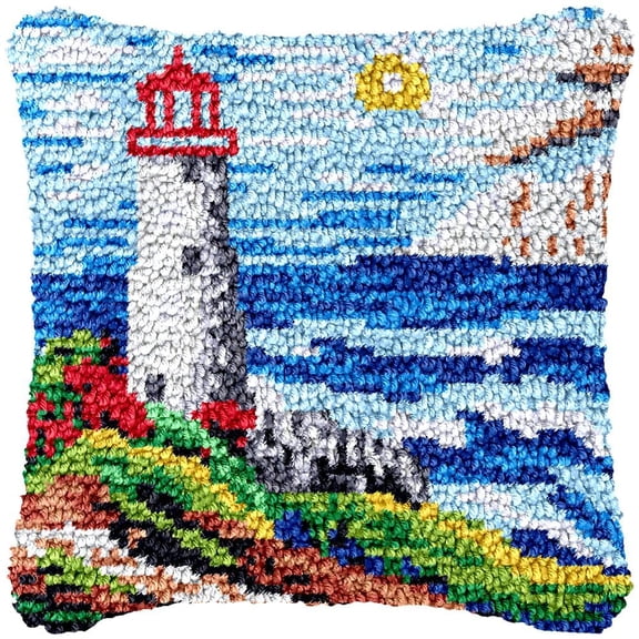 Latch Hook Pillow Kits for Beginner Seaside Lighthouse Needle Crochet Yarn Kits with Stamped Canvas Embroidery Cushion Hook and Latch Throw Pillow Home Sofa Decoration 43x43cm