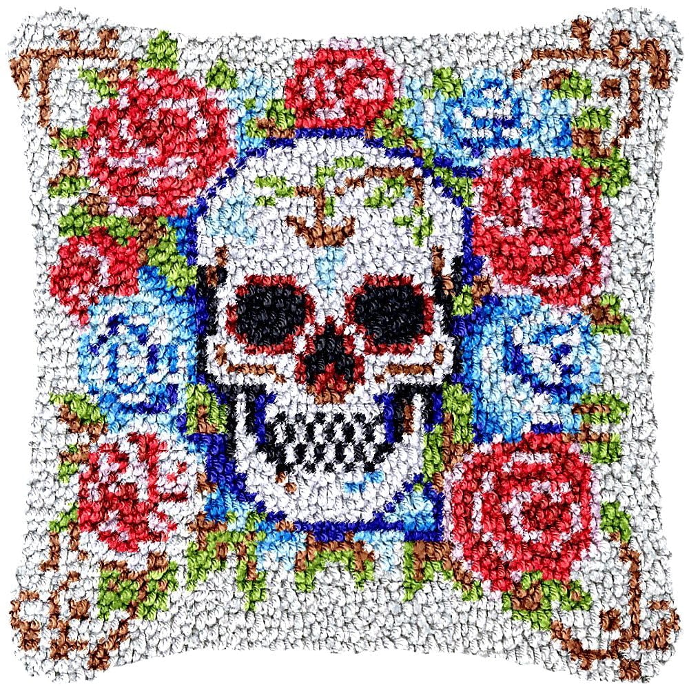 Latch Hook Pillow Kits for Beginner Skull and Rose Needle Crochet Yarn Kits with Stamped Canvas Embroidery Cushion Hook and Latch Throw Pillow Home Sofa Decoration 43x43cm