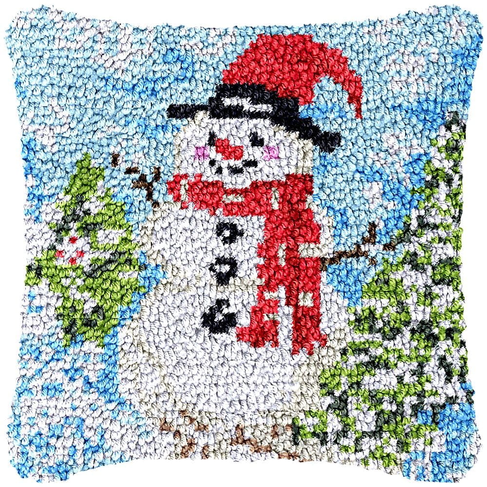 Latch Hook Pillow Kits for Beginner Snowman Christmas Needle Crochet Yarn Kits with Stamped Canvas Embroidery Cushion Hook and Latch Throw Pillow Home Sofa Decoration 43x43cm