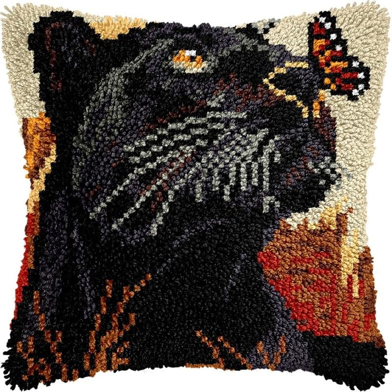 Latch Hook Pillow Kits Black Cat & Butterfly DIY Pillowcase Crochet Hook Cushion Making Kits with Preprinted Pattern Canvas Instruction Yarns Pillow Cover Easy Starter Kits 43x43cm（J349)