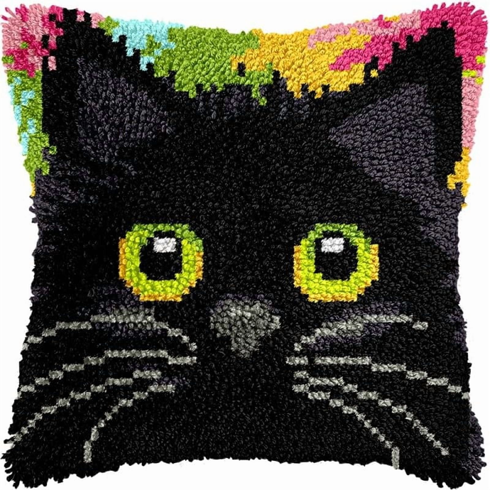 Latch Hook Pillow Kits Black Cat DIY Pillowcase Crochet Hook Cushion Making Kits with Preprinted Pattern Canvas Instruction Yarns Pillow Cover Easy Starter Kits 43x43cm（J117)