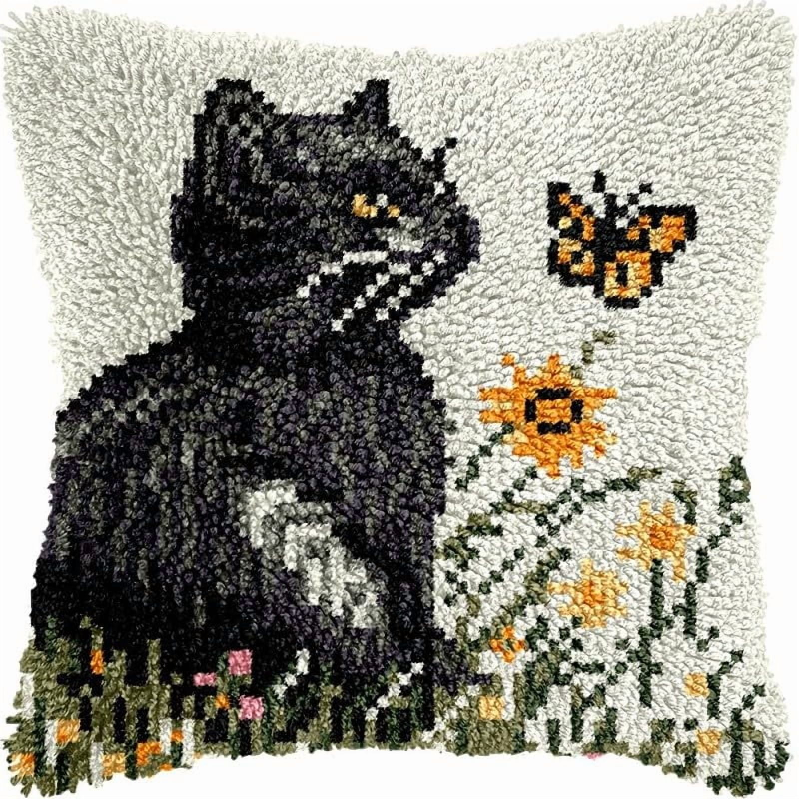 Latch Hook Pillow Kits Black Cat and Flowers DIY Pillowcase Crochet Hook Cushion Making Kits with Preprinted Pattern Canvas Instruction Yarns Pillow Cover Easy Starter Kits 43x43cm（J183)