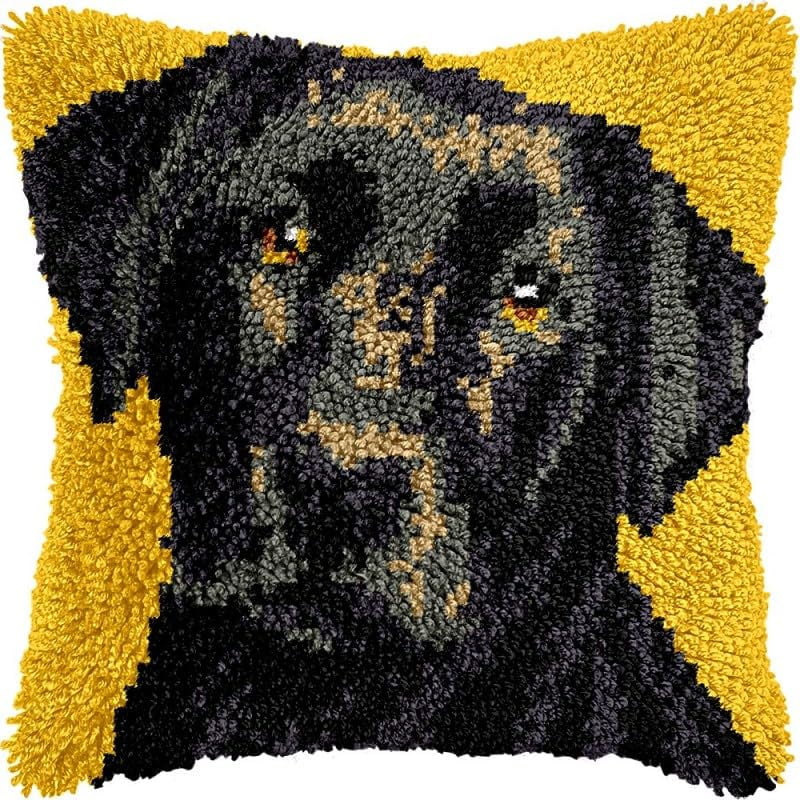 Latch Hook Pillow Kits Black Labrador Dog DIY Pillowcase Crochet Hook Cushion Making Kits with Preprinted Pattern Canvas Instruction Yarns Pillow Cover Easy Starter Kits 43x43cm（J7)