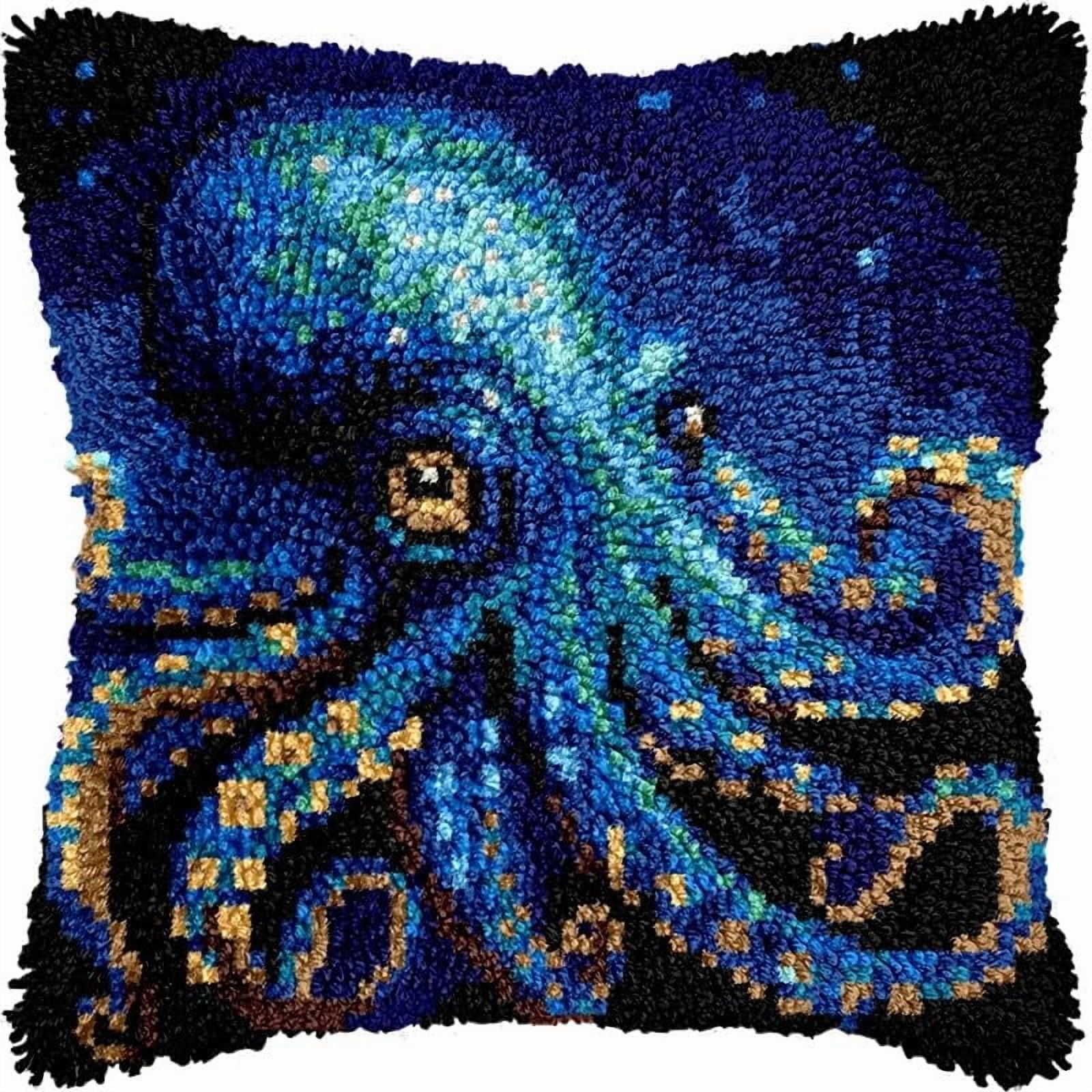 Latch Hook Pillow Kits Blue Octopus DIY Pillowcase Crochet Hook Cushion Making Kits with Preprinted Pattern Canvas Instruction Yarns Pillow Cover Easy Starter Kits 43x43cm（J208)