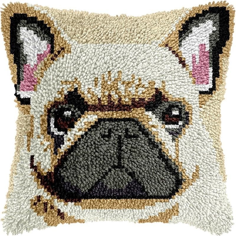 Latch Hook Pillow Kits Boston Terrier DIY Pillowcase Crochet Hook Cushion Making Kits with Preprinted Pattern Canvas Instruction Yarns Pillow Cover Easy Starter Kits 43x43cm（J307)
