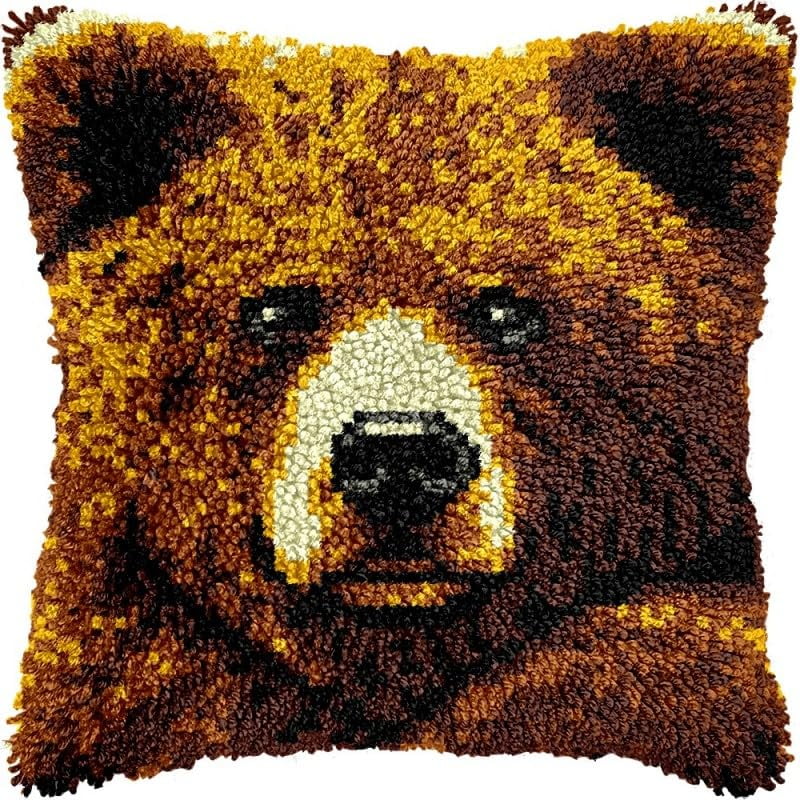 Latch Hook Pillow Kits Brown Bear DIY Pillowcase Crochet Hook Cushion Making Kits with Preprinted Pattern Canvas Instruction Yarns Pillow Cover Easy Starter Kits 43x43cm（J367)