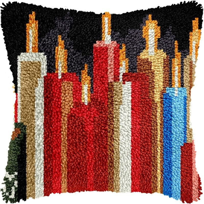 Latch Hook Pillow Kits Candles DIY Pillowcase Crochet Hook Cushion Making Kits with Preprinted Pattern Canvas Instruction Yarns Pillow Cover Easy Starter Kits 43x43cm（J153)