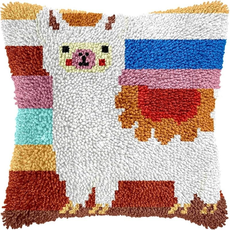 Latch Hook Pillow Kits Cartoon Alpaca DIY Pillowcase Crochet Hook Cushion Making Kits with Preprinted Pattern Canvas Instruction Yarns Pillow Cover Easy Starter Kits 43x43cm（J371)