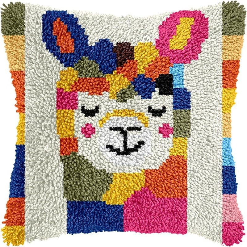 Latch Hook Pillow Kits Cartoon Alpacas DIY Pillowcase Crochet Hook Cushion Making Kits with Preprinted Pattern Canvas Instruction Yarns Pillow Cover Easy Starter Kits 43x43cm（J373)