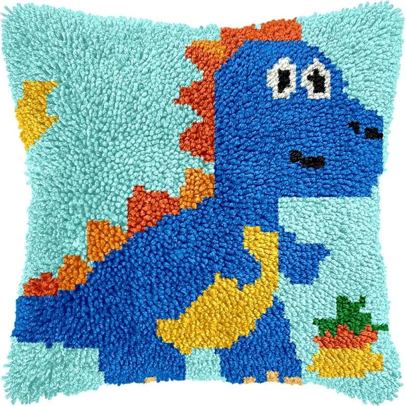 Latch Hook Pillow Kits Cartoon Dinosaur DIY Pillowcase Crochet Hook Cushion Making Kits with Preprinted Pattern Canvas Instruction Yarns Pillow Cover Easy Starter Kits 43x43cm（J344)