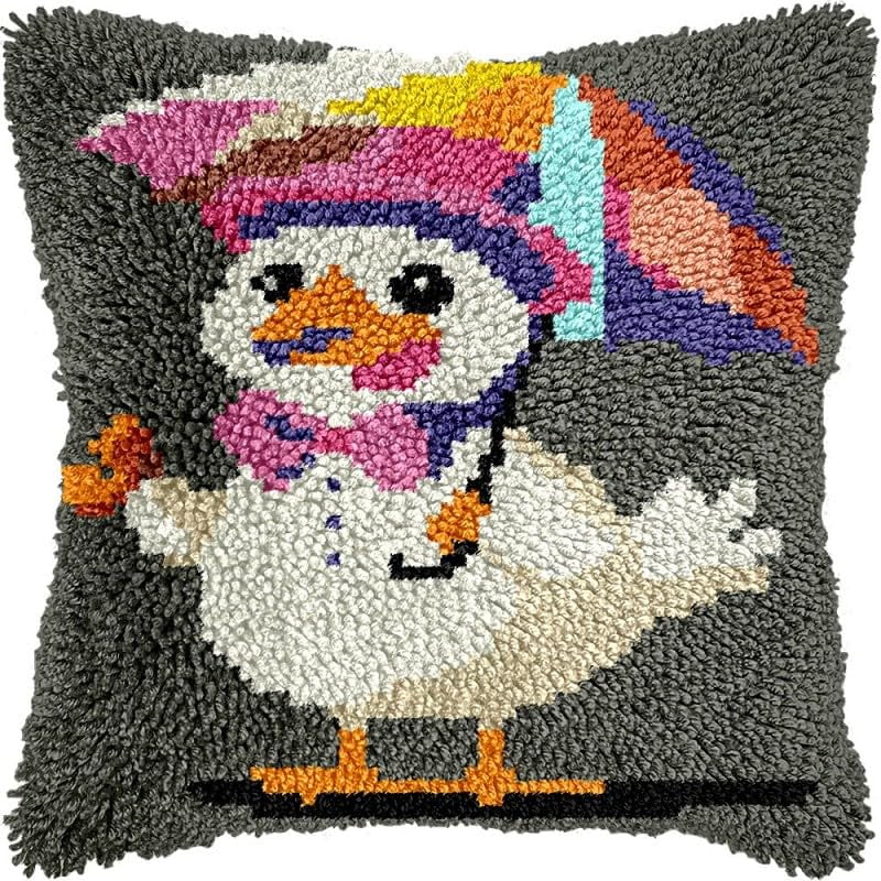 Latch Hook Pillow Kits Cartoon Duck DIY Pillowcase Crochet Hook Cushion Making Kits with Preprinted Pattern Canvas Instruction Yarns Pillow Cover Easy Starter Kits 43x43cm（J383)