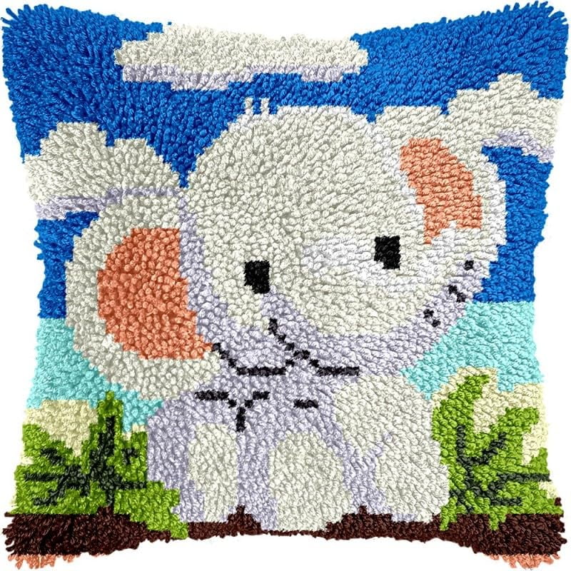 Latch Hook Pillow Kits Cartoon Elephant DIY Pillowcase Crochet Hook Cushion Making Kits with Preprinted Pattern Canvas Instruction Yarns Pillow Cover Easy Starter Kits 43x43cm（J267)