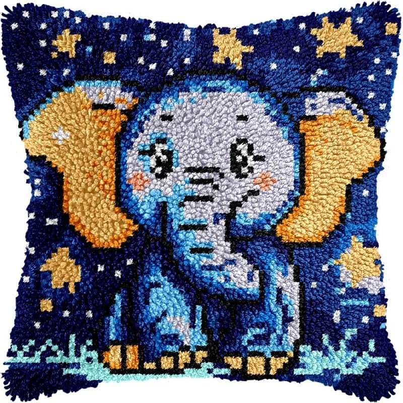 Latch Hook Pillow Kits Cartoon Elephant DIY Pillowcase Crochet Hook Cushion Making Kits with Preprinted Pattern Canvas Instruction Yarns Pillow Cover Easy Starter Kits 43x43cm（J299)