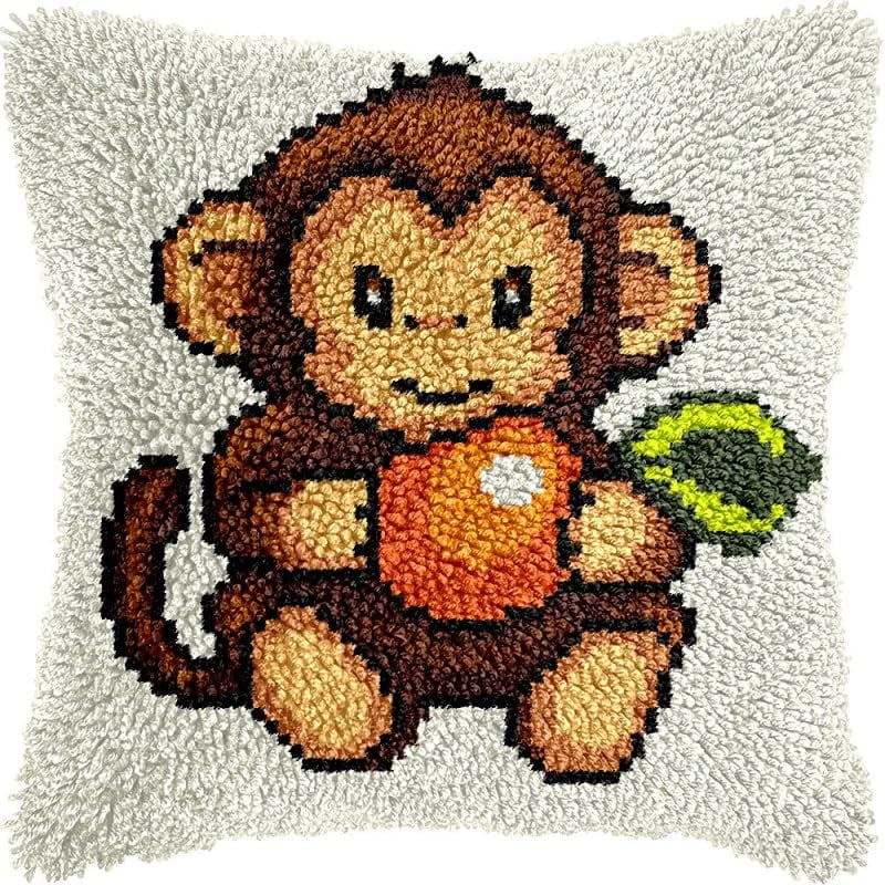 Latch Hook Pillow Kits Cartoon Monkey DIY Pillowcase Crochet Hook Cushion Making Kits with Preprinted Pattern Canvas Instruction Yarns Pillow Cover Easy Starter Kits 43x43cm（J322)
