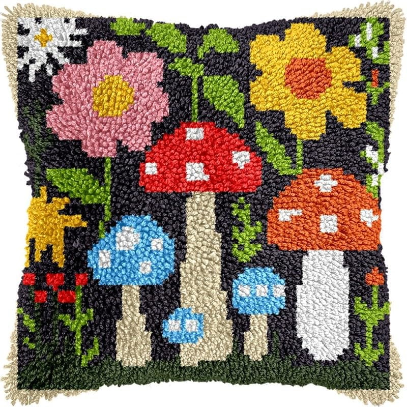Latch Hook Pillow Kits Cartoon Mushrooms DIY Pillowcase Crochet Hook Cushion Making Kits with Preprinted Pattern Canvas Instruction Yarns Pillow Cover Easy Starter Kits 43x43cm（J376)