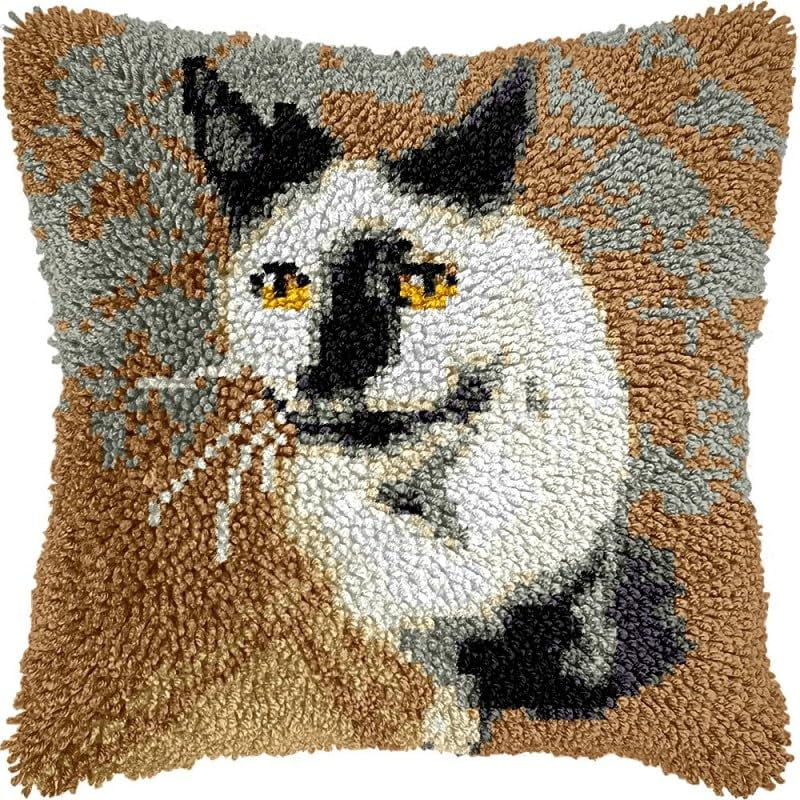Latch Hook Pillow Kits Cat DIY Pillowcase Crochet Hook Cushion Making Kits with Preprinted Pattern Canvas Instruction Yarns Pillow Cover Easy Starter Kits 43x43cm（J105)
