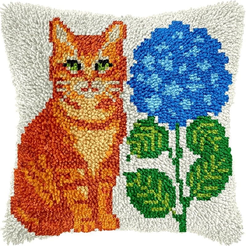 Latch Hook Pillow Kits Cat and Hydrangea Flowers DIY Pillowcase Crochet Hook Cushion Making Kits with Preprinted Pattern Canvas Instruction Yarns Pillow Cover Easy Starter Kits 43x43cm（J302)
