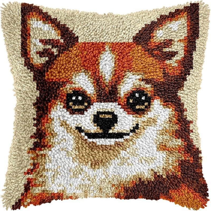 Latch Hook Pillow Kits Chihuahua Dog DIY Pillowcase Crochet Hook Cushion Making Kits with Preprinted Pattern Canvas Instruction Yarns Pillow Cover Easy Starter Kits 43x43cm（J60)