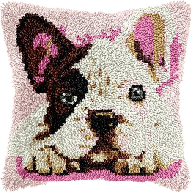 Latch Hook Pillow Kits Christmas Bulldog DIY Pillowcase Crochet Hook Cushion Making Kits with Preprinted Pattern Canvas Instruction Yarns Pillow Cover Easy Starter Kits 43x43cm（J54)